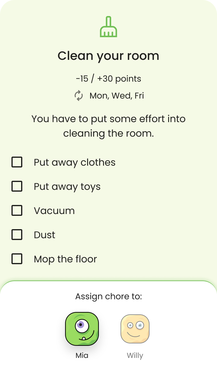 Kikaroo chore assignment screen showing daily tasks for kids